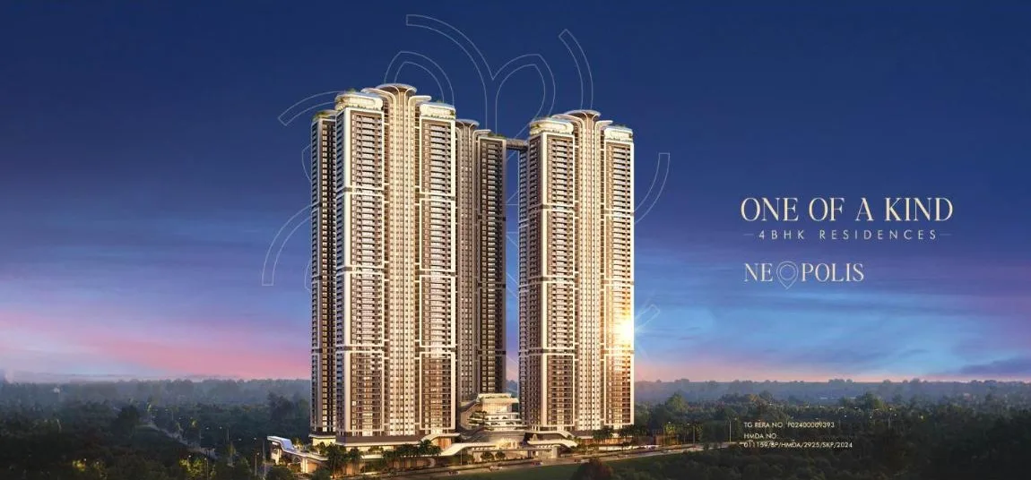One by MSN towers on Neopolis Plot No. 1, Kokapet, at dusk — developer render